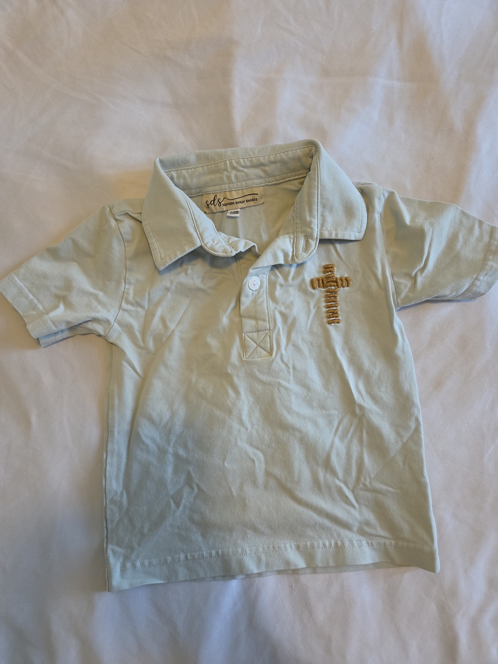 Sage Green Little Boy's Polo Shirt with Cross Embroidery